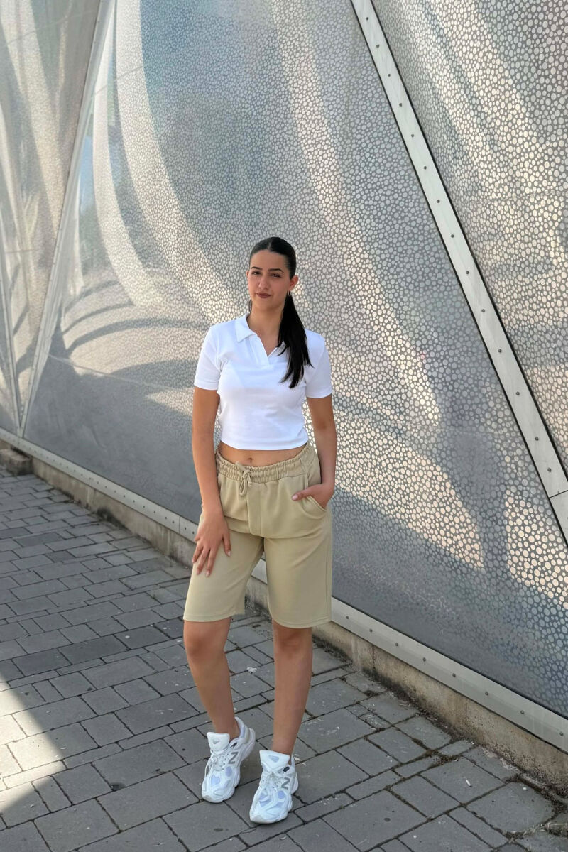 PANTALLONA TE SHKURTRA NJE NGJYRESHE ME TEKSTURE PER FEMRA NE NGJYRE BEZHE - 1