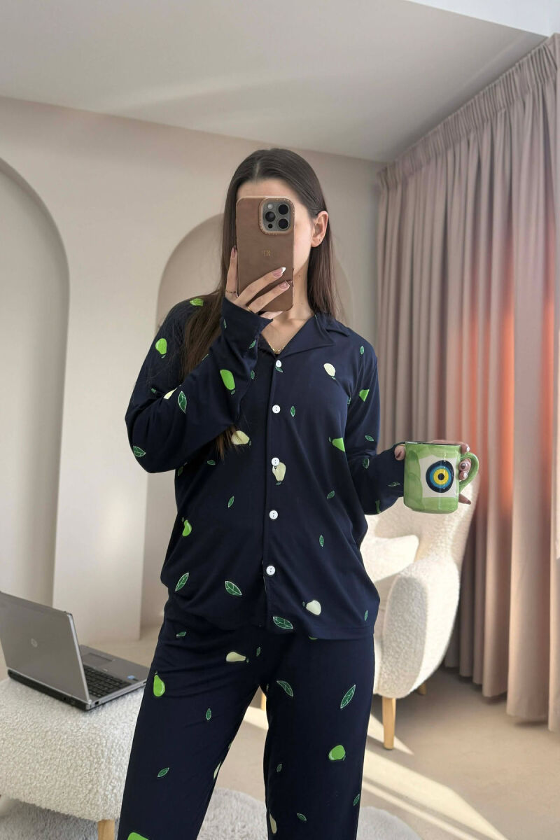 PEAR DESIGN SHIRT+TROUSERS WOMEN PYJAMAS DARK BLUE/BEE - 5