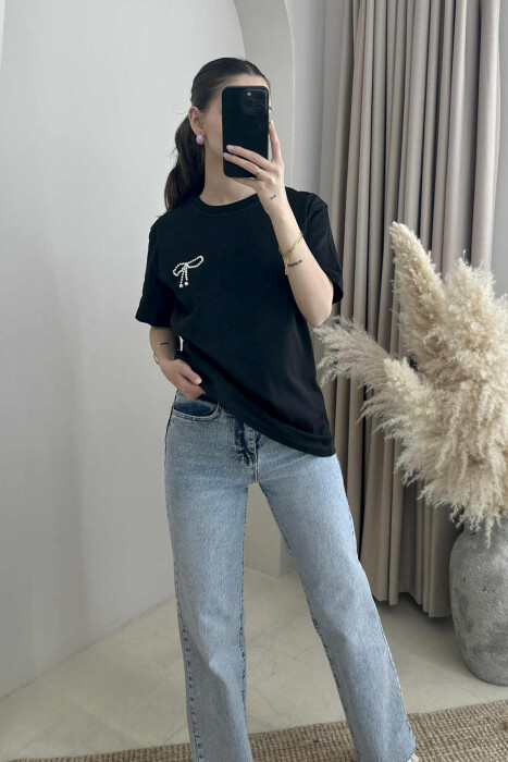 PEARL RIBBON DETAIL SIMPLE WOMEN T-SHIRT BLACK/ E ZEZE - 2