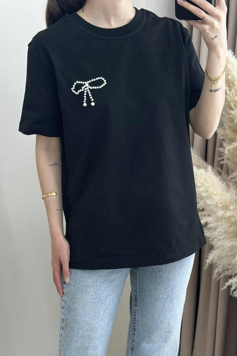 PEARL RIBBON DETAIL SIMPLE WOMEN T-SHIRT BLACK/ E ZEZE - 3