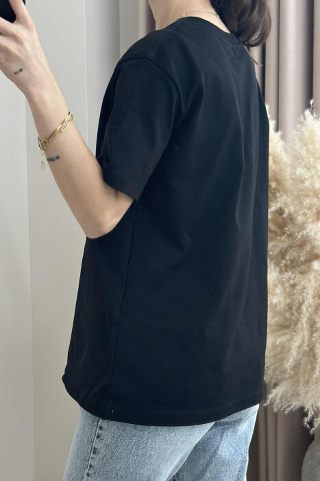 PEARL RIBBON DETAIL SIMPLE WOMEN T-SHIRT BLACK/ E ZEZE - 4