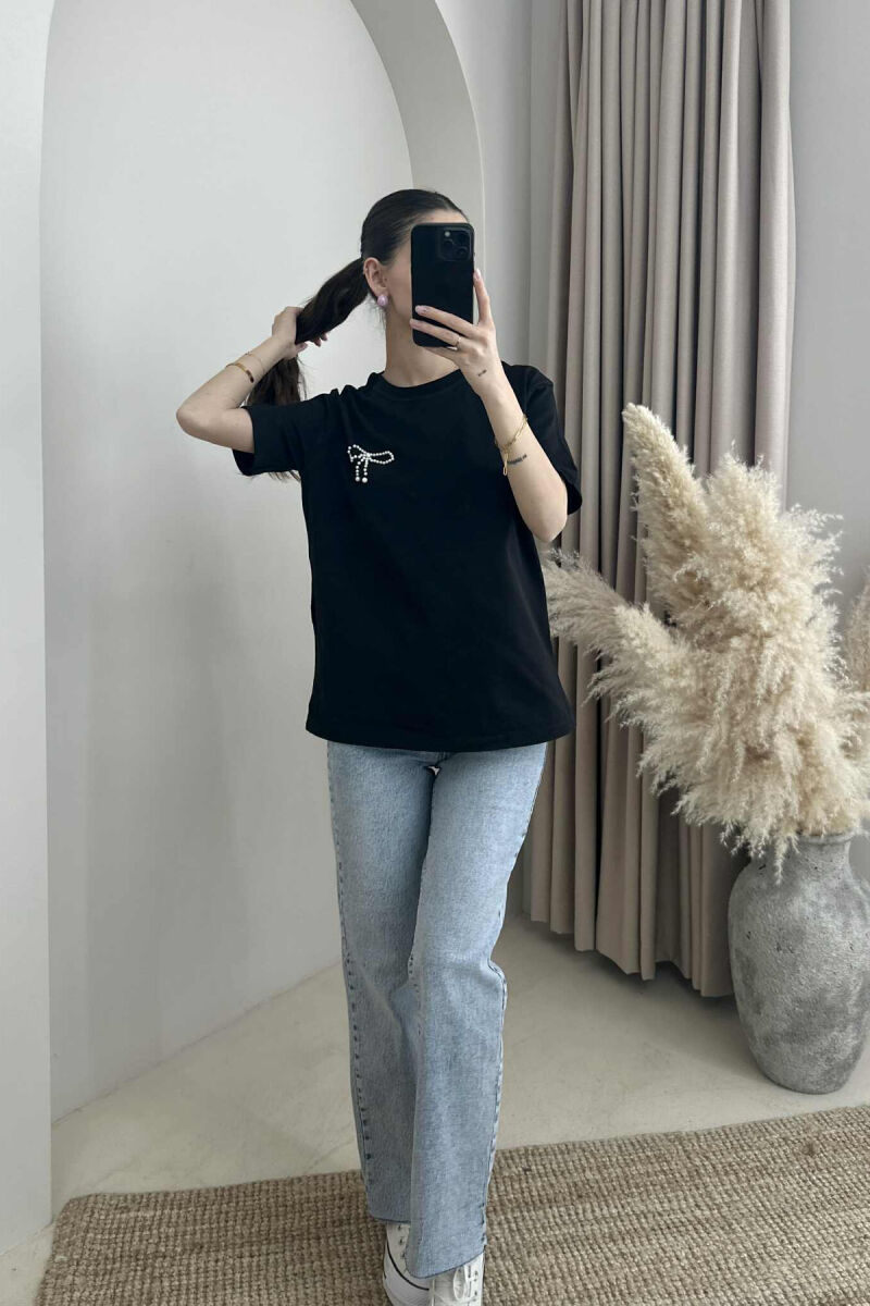 PEARL RIBBON DETAIL SIMPLE WOMEN T-SHIRT BLACK/ E ZEZE - 5