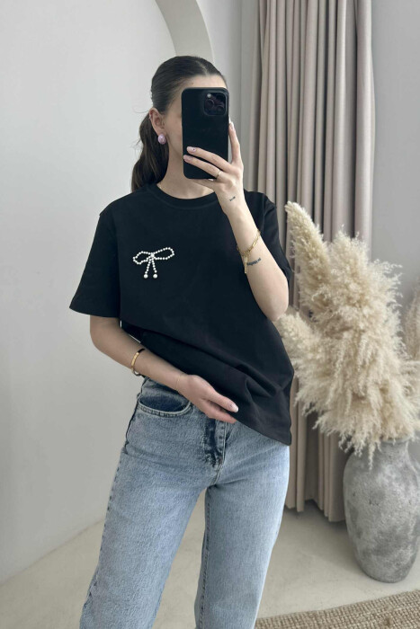 PEARL RIBBON DETAIL SIMPLE WOMEN T-SHIRT BLACK/ E ZEZE 