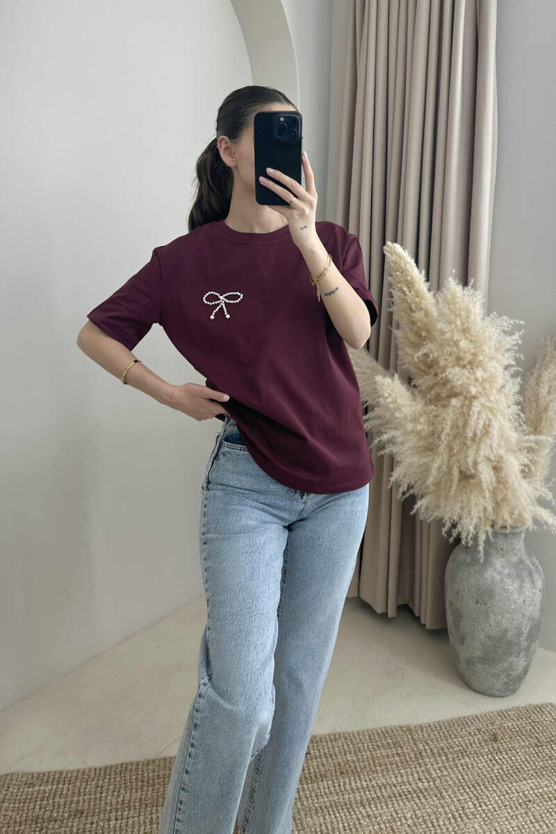 PEARL RIBBON DETAIL SIMPLE WOMEN T-SHIRT BURGUNDY/VISHNJE - 1