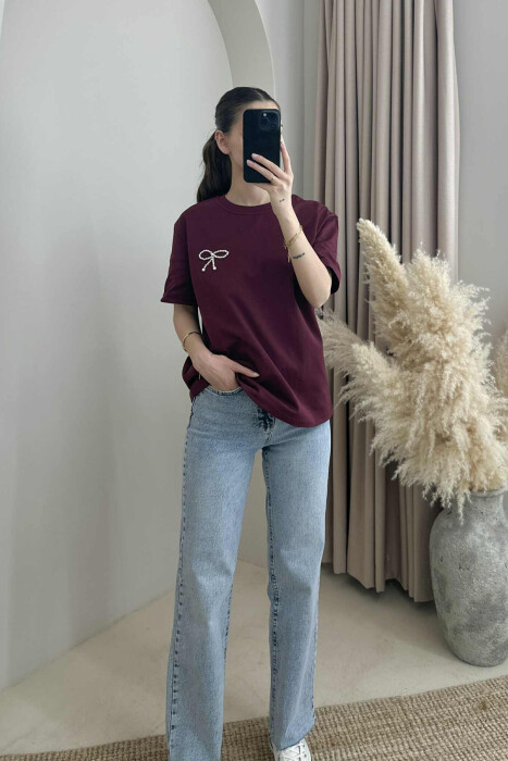 PEARL RIBBON DETAIL SIMPLE WOMEN T-SHIRT BURGUNDY/VISHNJE - 2