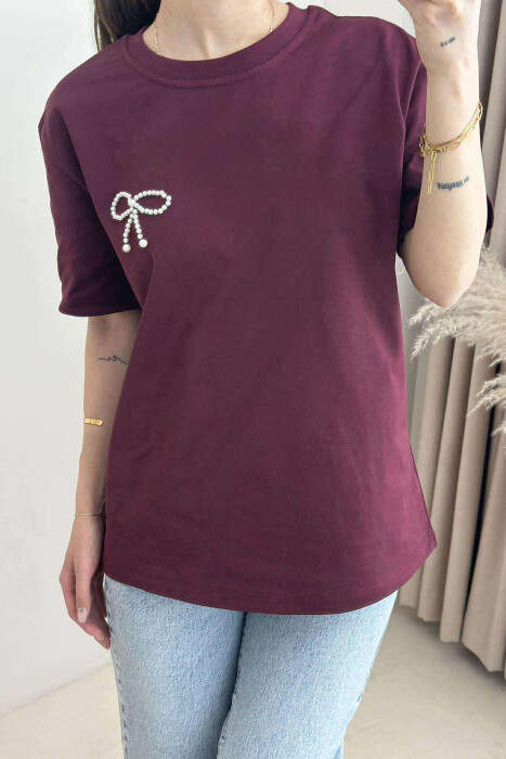 PEARL RIBBON DETAIL SIMPLE WOMEN T-SHIRT BURGUNDY/VISHNJE - 3