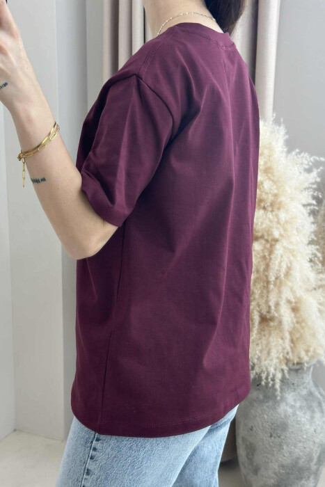 PEARL RIBBON DETAIL SIMPLE WOMEN T-SHIRT BURGUNDY/VISHNJE - 4