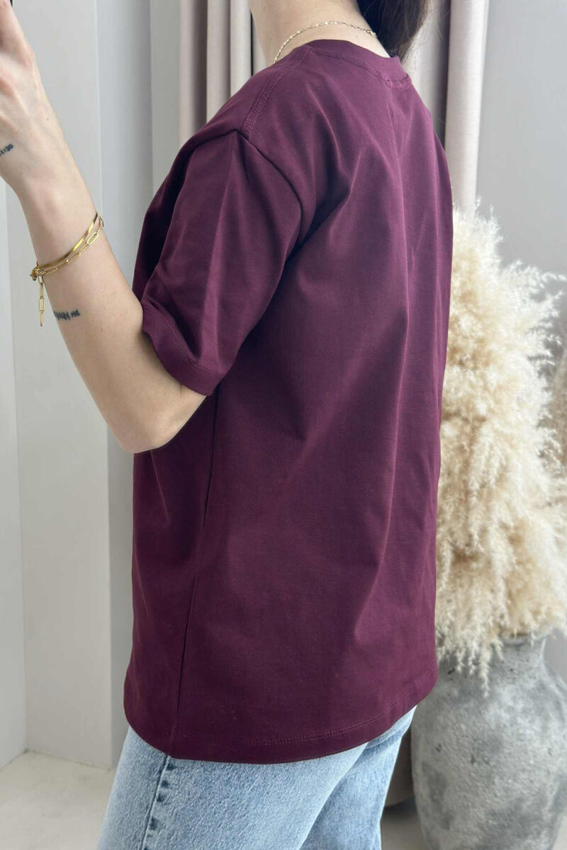 PEARL RIBBON DETAIL SIMPLE WOMEN T-SHIRT BURGUNDY/VISHNJE - 4
