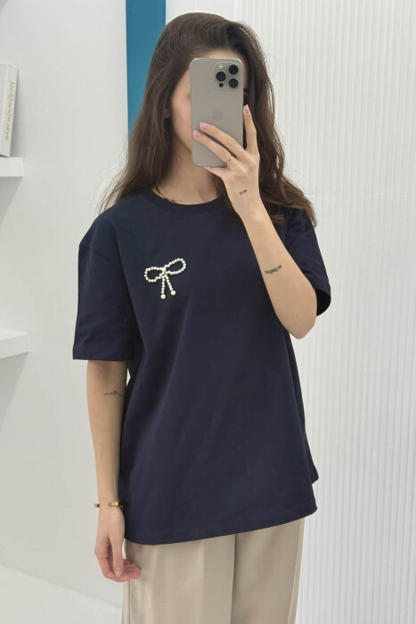 PEARL RIBBON DETAIL SIMPLE WOMEN T-SHIRT DARK BLUE/BEE - 4