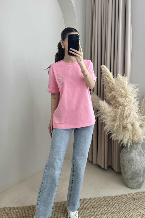 PEARL RIBBON DETAIL SIMPLE WOMEN T-SHIRT PINK/ROZE 