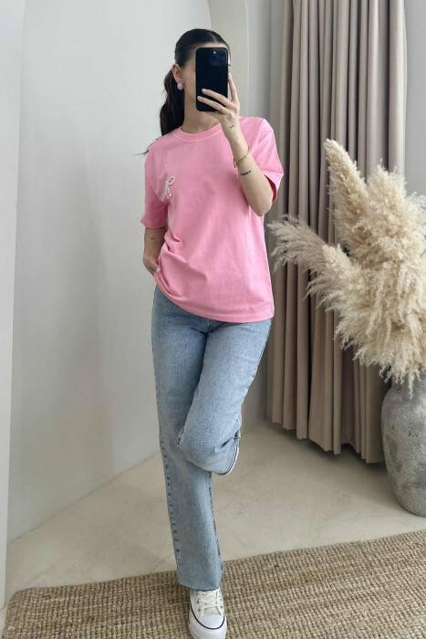 PEARL RIBBON DETAIL SIMPLE WOMEN T-SHIRT PINK/ROZE - 2