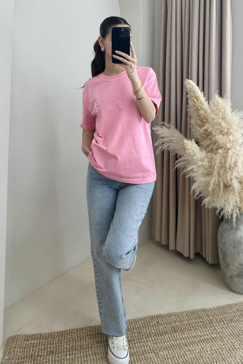 PEARL RIBBON DETAIL SIMPLE WOMEN T-SHIRT PINK/ROZE - 2
