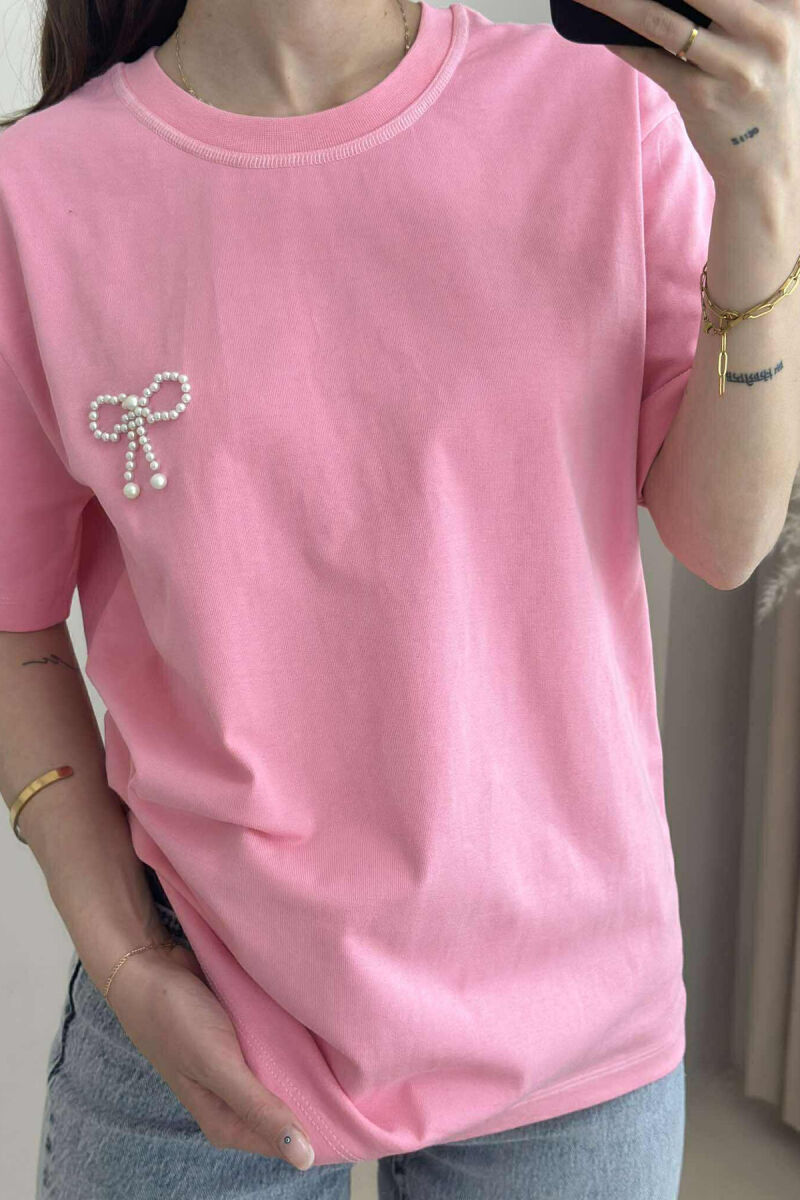 PEARL RIBBON DETAIL SIMPLE WOMEN T-SHIRT PINK/ROZE - 3