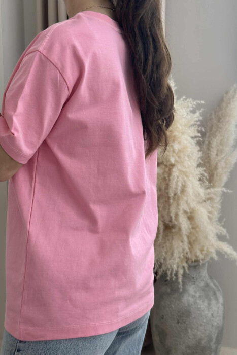 PEARL RIBBON DETAIL SIMPLE WOMEN T-SHIRT PINK/ROZE - 4