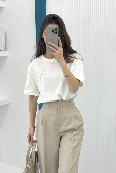 PEARL RIBBON DETAIL SIMPLE WOMEN T-SHIRT WHITE-E BARDHE 