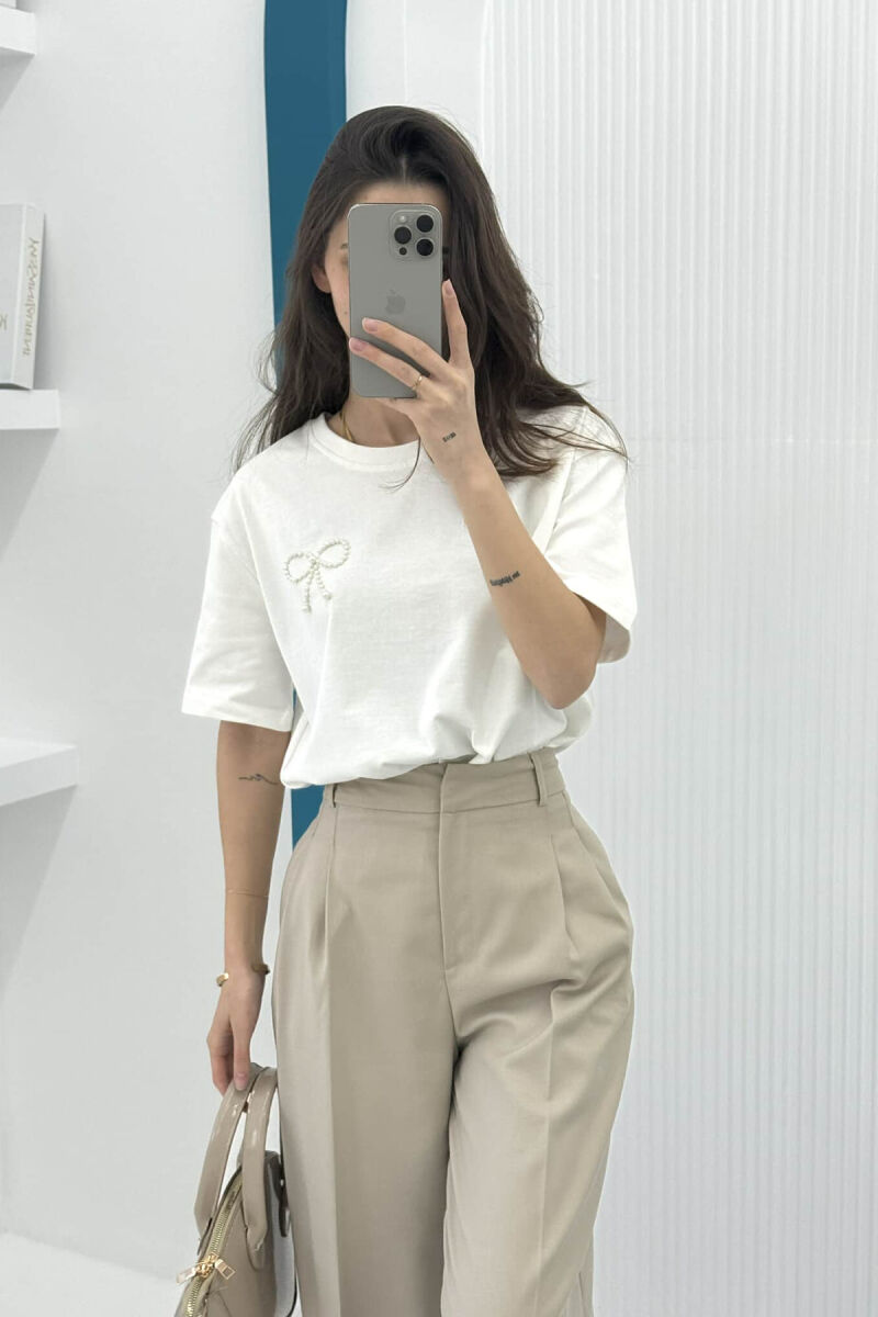 PEARL RIBBON DETAIL SIMPLE WOMEN T-SHIRT WHITE-E BARDHE - 1