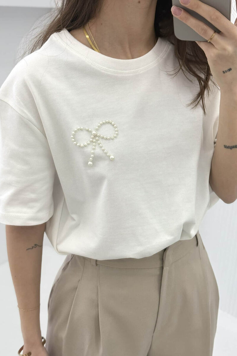 PEARL RIBBON DETAIL SIMPLE WOMEN T-SHIRT WHITE-E BARDHE - 2