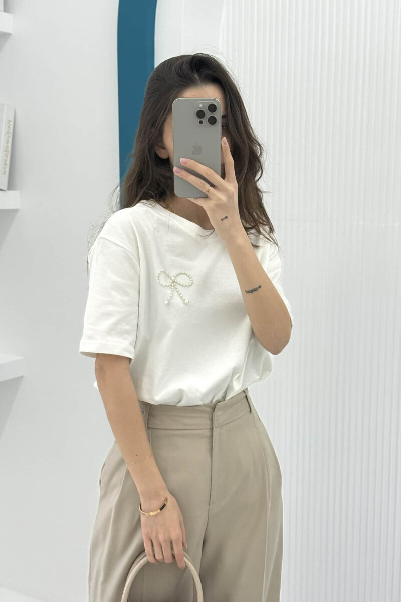 PEARL RIBBON DETAIL SIMPLE WOMEN T-SHIRT WHITE-E BARDHE - 4