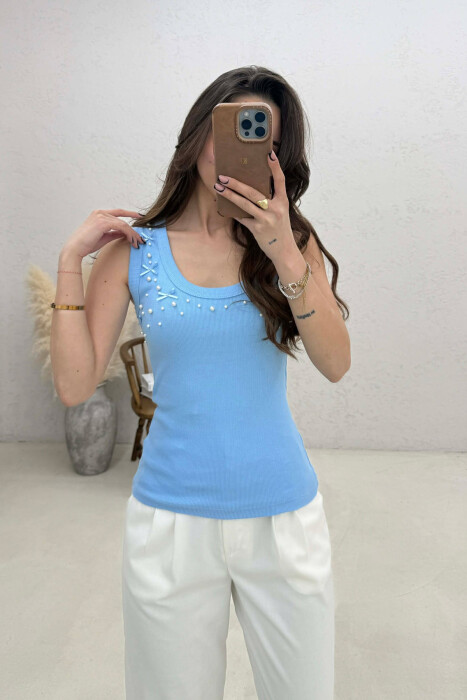 PEARLS RIBBON DETAILS WOMAN TANK TOP LIGHTBLUE/BZ - KLAUDIO FASHION