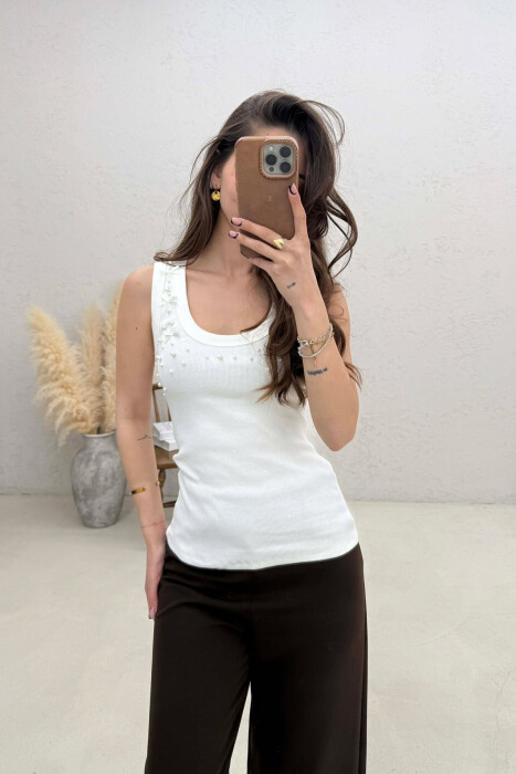 PEARLS RIBBON DETAILS WOMAN TANK TOP WHITE-E BARDHE - KLAUDIO FASHION