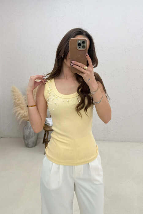 PEARLS RIBBON DETAILS WOMAN TANK TOP YELLOW/E VERDHE - KLAUDIO FASHION