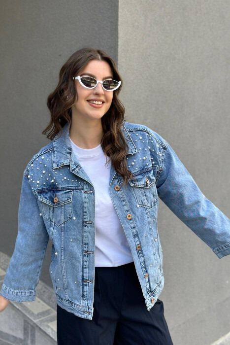 PEARLS STONES DENIM WOMAN JACKET LIGHTBLUE/BZ - KLAUDIO FASHION
