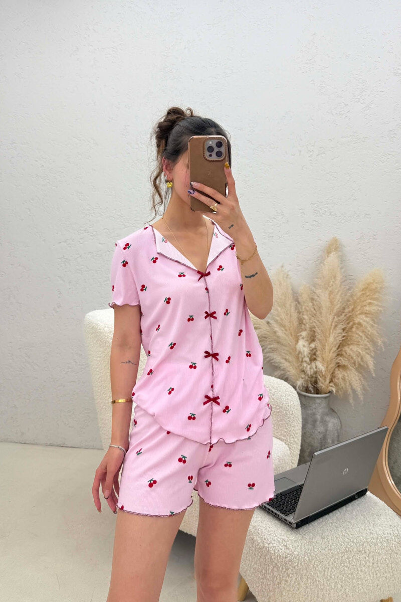 PIZHAME ME DIZJAN ME QERSHI KEMISHE + TUTA TE SHKURTRA PER FEMRA NE NGJYRE ROZE - 1