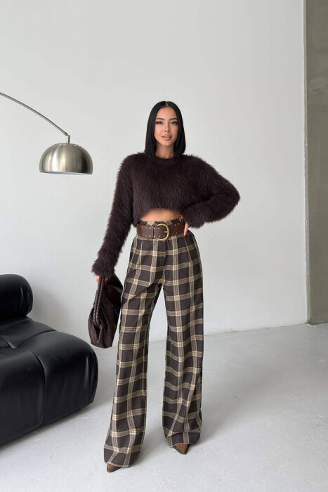 PLAID DESIGN WIDE LEG WOMAN TROUSERS BROWN/KAFE - 