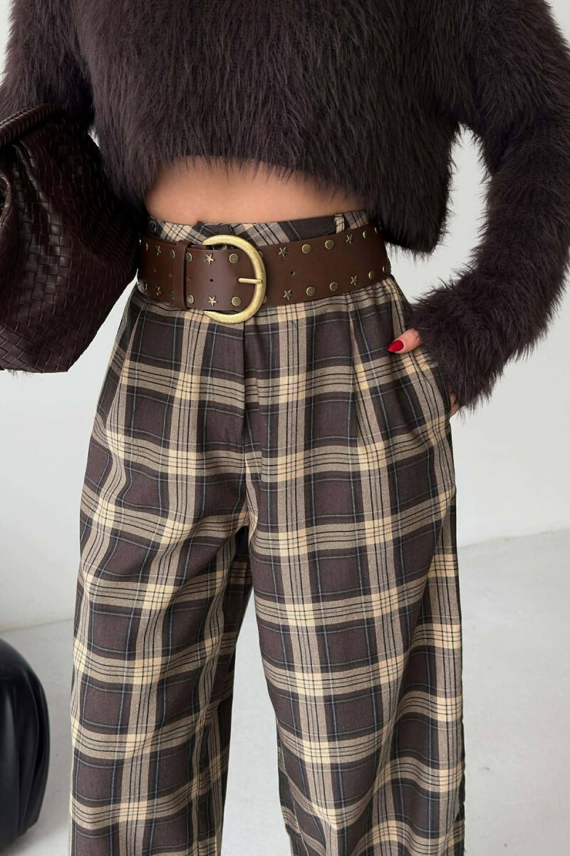 PLAID DESIGN WIDE LEG WOMAN TROUSERS BROWN/KAFE - 2