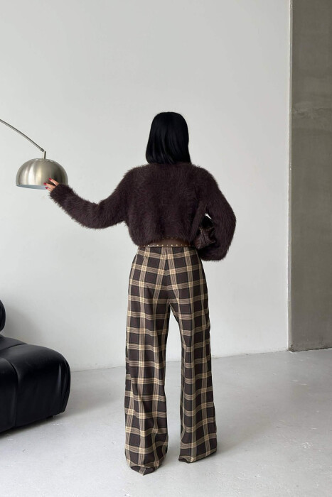 PLAID DESIGN WIDE LEG WOMAN TROUSERS BROWN/KAFE - 3
