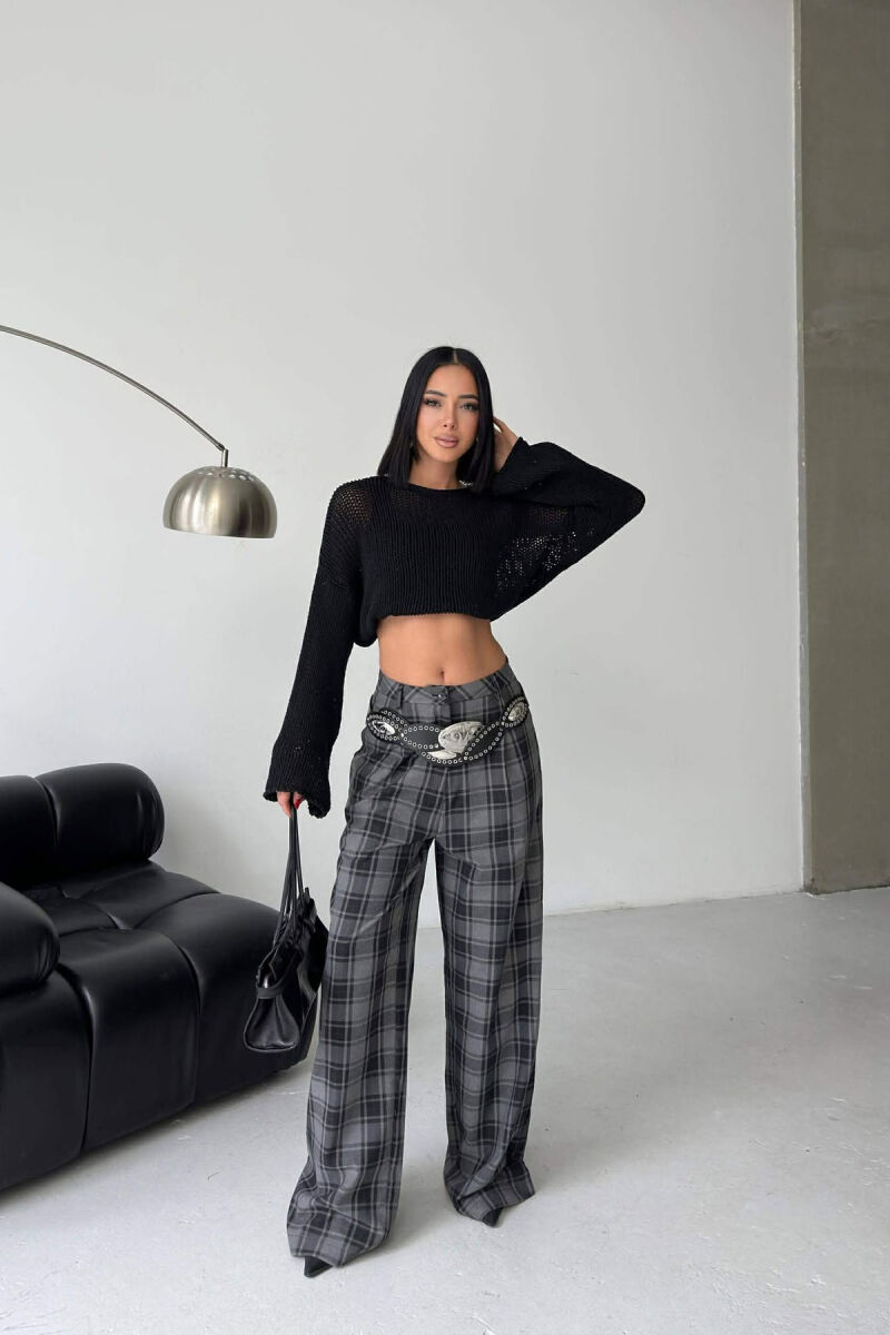 PLAID DESIGN WIDE LEG WOMAN TROUSERS DARK GREY/GEE - 1