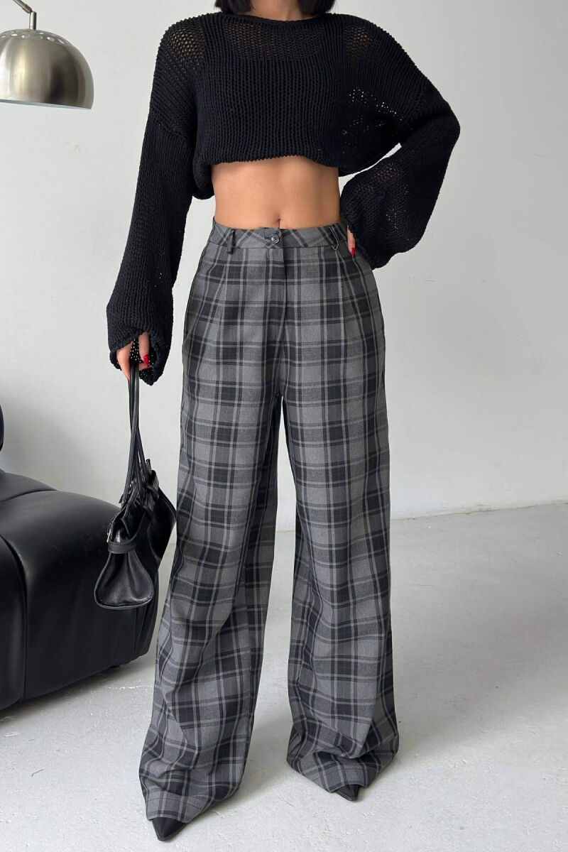 PLAID DESIGN WIDE LEG WOMAN TROUSERS DARK GREY/GEE - 2