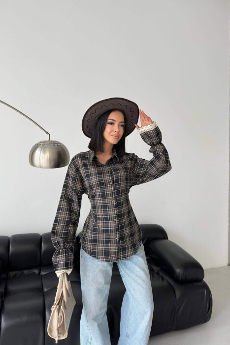 PLAID LACING WAIST WOMAN SHIRT BROWN/KAFE - 