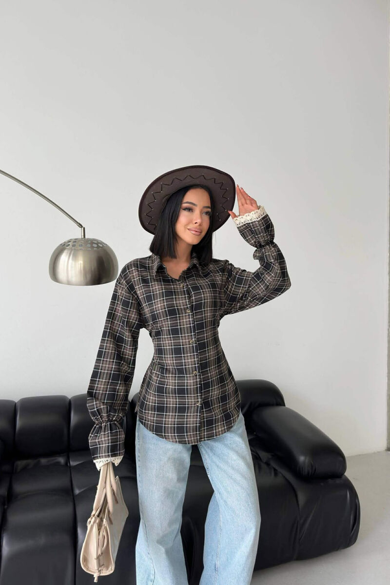 PLAID LACING WAIST WOMAN SHIRT BROWN/KAFE - 1