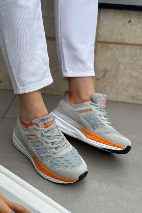 PLATFORM LACING RUNNING WOMEN SNEAKERS LIGHT GREY-ORANGE/GZPO - KLAUDIO FASHION
