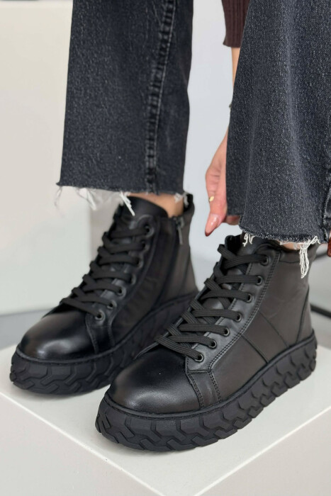 PLATFORM LEATHER SIDE ZIPPER WOMEN SNEAKERS BLACK/ E ZEZE - 1