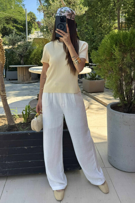 PLEATED DESIGN ONE COLOR ROUND NECK WOMEN T-SHIRT YELLOW/E VERDHE - KLAUDIO FASHION