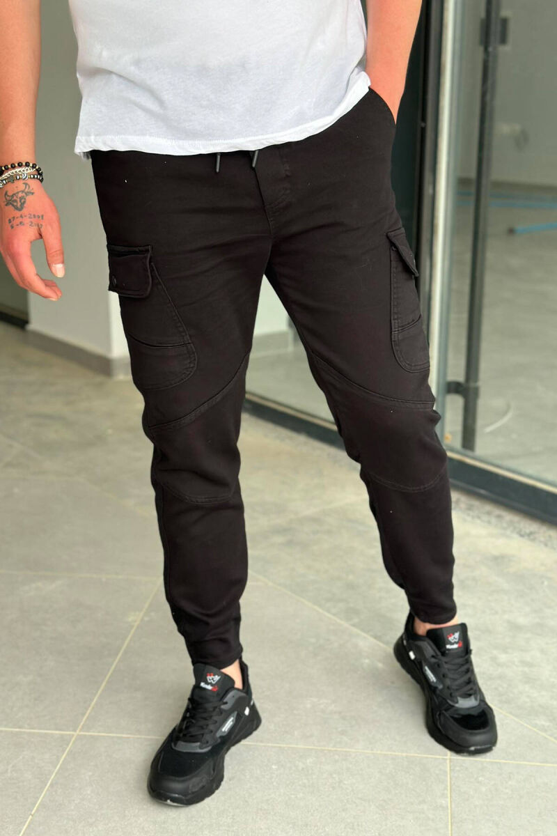 POCKET ONE COLOR MEN CARGO PANTS BLACK/ E ZEZE - 1
