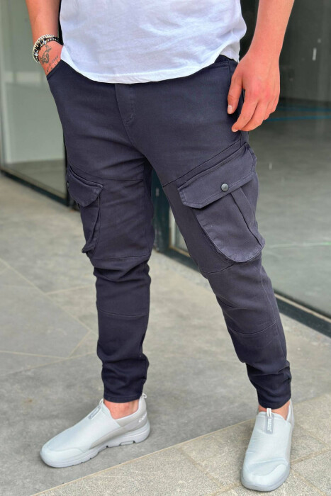 POCKET ONE COLOR MEN CARGO PANTS DARK BLUE/BEE - 1