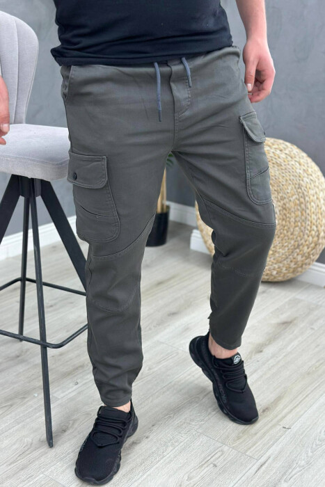 POCKET ONE COLOR MEN CARGO PANTS DARK GREY/GEE - KLAUDIO FASHION