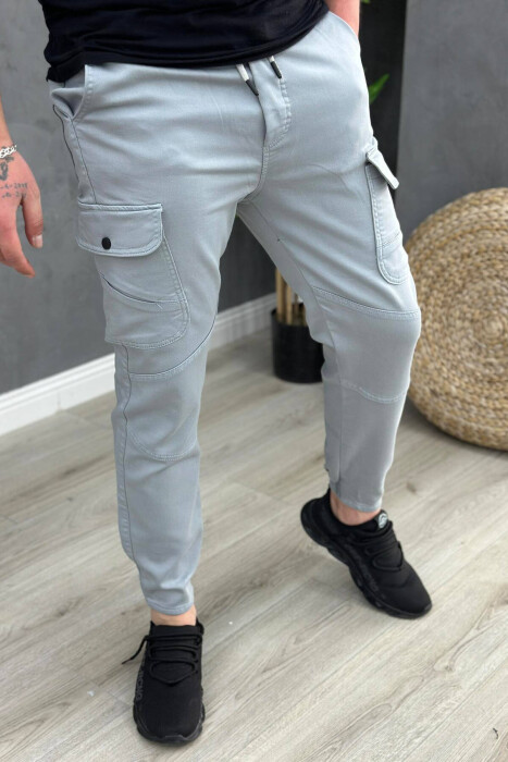 POCKET ONE COLOR MEN CARGO PANTS LIGHTBLUE/BZ - KLAUDIO FASHION