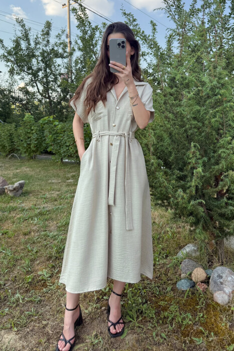 POCKETS DETAIL POLO NECK LACING WOMEN DRESS BEIGE/BEZHE 