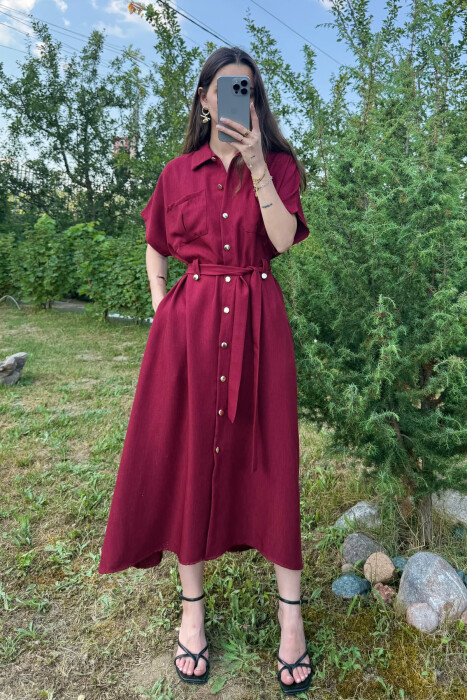 POCKETS DETAIL POLO NECK LACING WOMEN DRESS BURGUNDY/VISHNJE 