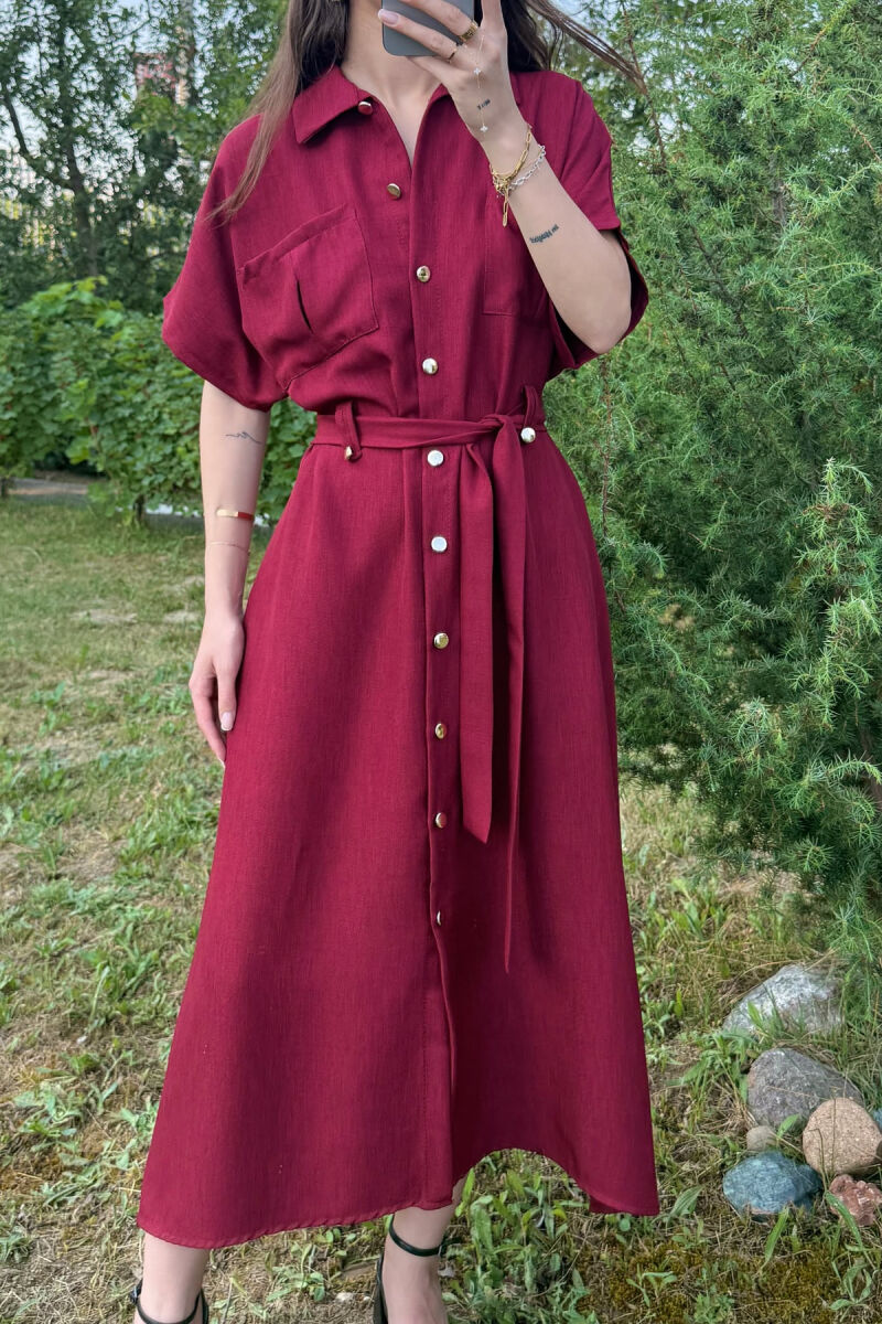 POCKETS DETAIL POLO NECK LACING WOMEN DRESS BURGUNDY/VISHNJE - 2