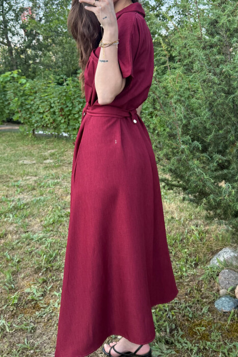 POCKETS DETAIL POLO NECK LACING WOMEN DRESS BURGUNDY/VISHNJE - 3