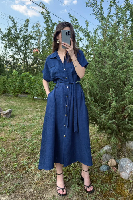 POCKETS DETAIL POLO NECK LACING WOMEN DRESS DARK BLUE/BEE - 1