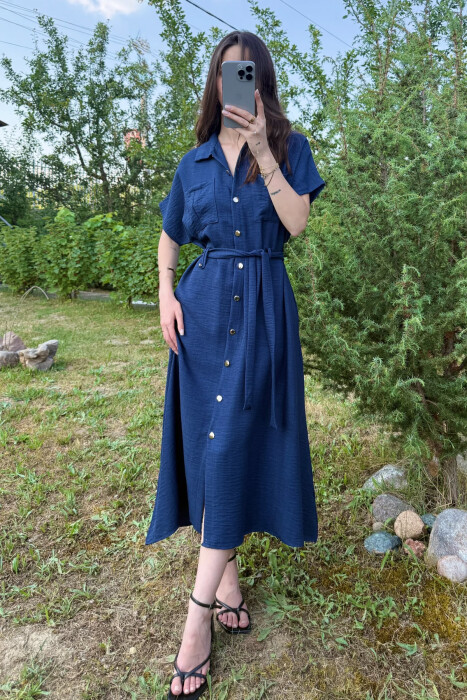 POCKETS DETAIL POLO NECK LACING WOMEN DRESS DARK BLUE/BEE - 2