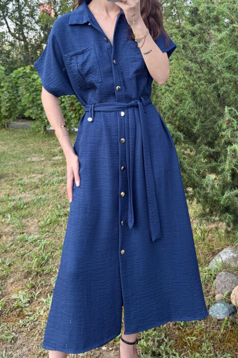 POCKETS DETAIL POLO NECK LACING WOMEN DRESS DARK BLUE/BEE - 3