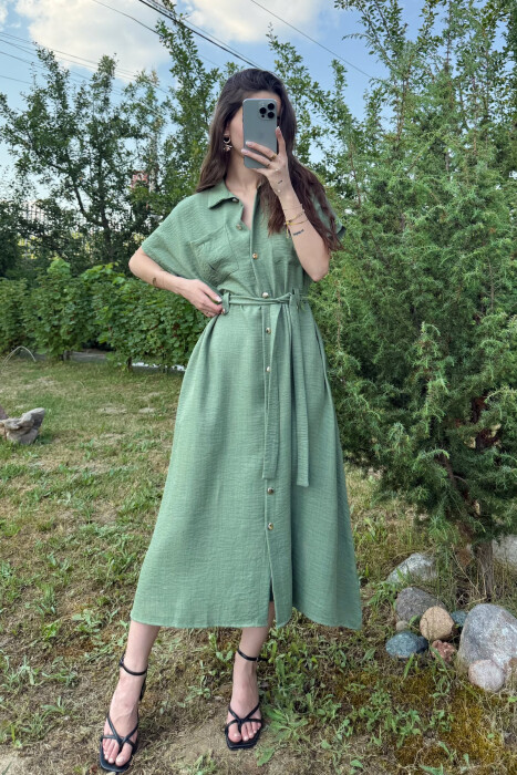 POCKETS DETAIL POLO NECK LACING WOMEN DRESS GREEN/JESHILE 