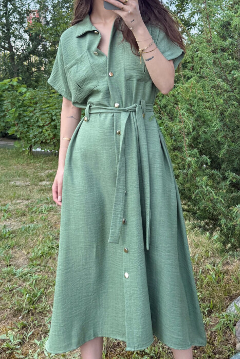 POCKETS DETAIL POLO NECK LACING WOMEN DRESS GREEN/JESHILE - 2